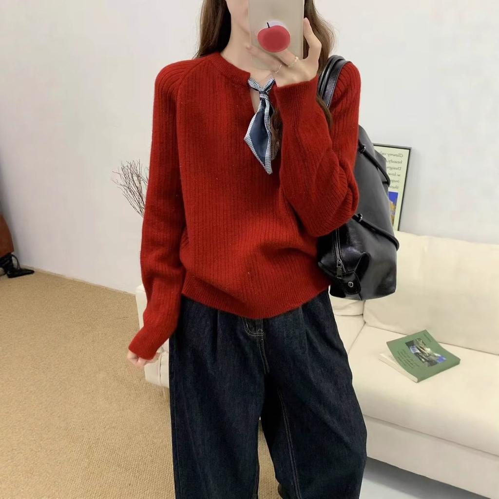 Autumn and winter design pullover sweater women's ribbon bow tie crew neck gentle fashion versatile knitted sweater women