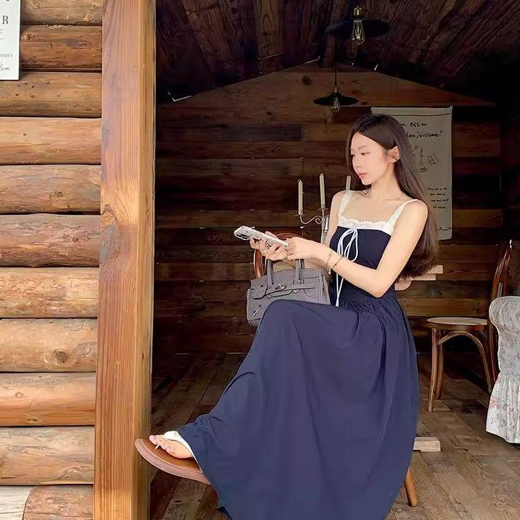 Lace Patchwork Camisole Dress with Tie-Up Waist and Pockets for Summer