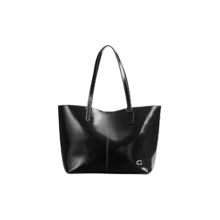 Coach Women's Black North 32 Logo Buckle Closure Leather Tote Bag Tote Bags Cr651-Lhblk