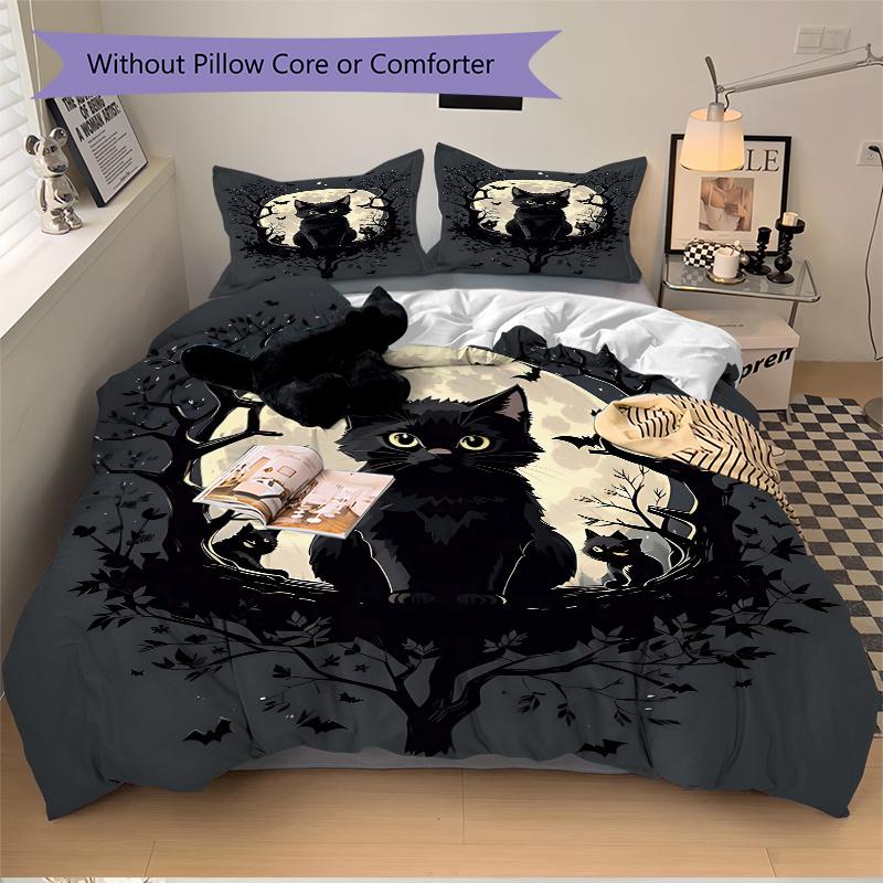 3pcs Moon and Black Cat Creative Design Printed Quilt Set - Soft and Comfortable Quilt Cover for Bedroom, Guest Room and Dormitory Decorativ