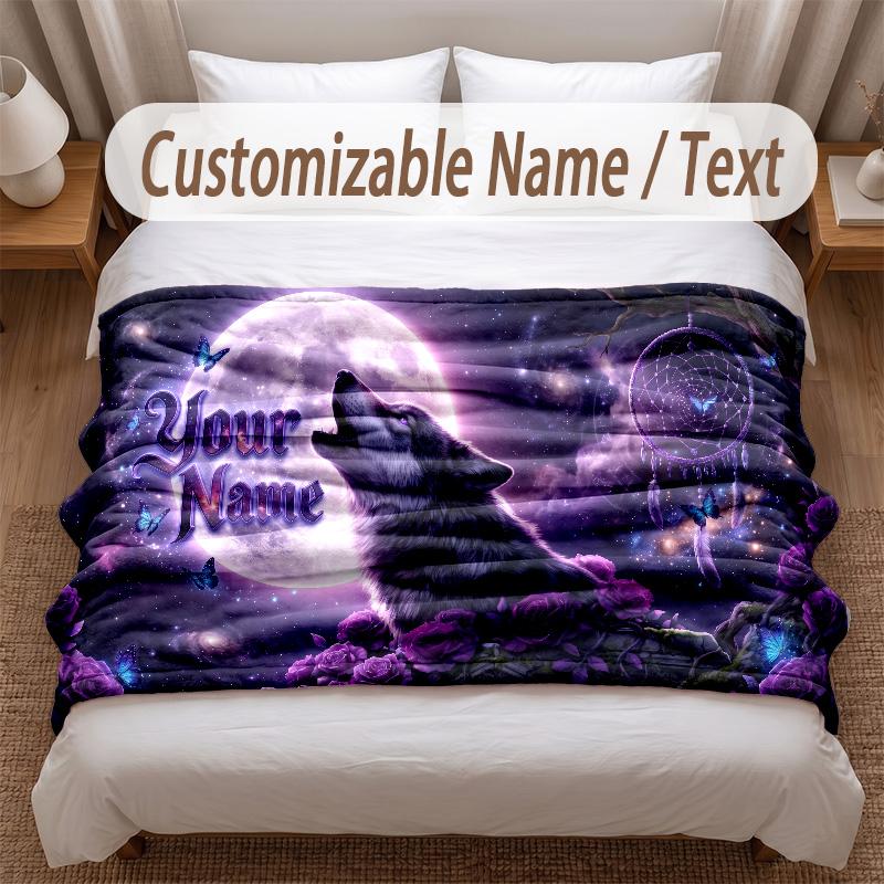 Wolf Theme Soft Blanket Personalized Custom Name Text Print Warm Blanket Home Sofa Bedroom Decor