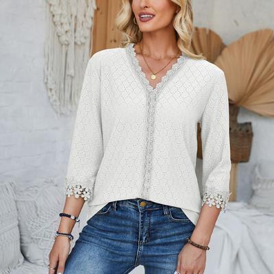 Einfarbiges Dreiviertelärmeliges V-Ausschnitt Lässiges lockeres T-Shirt Top für Damen