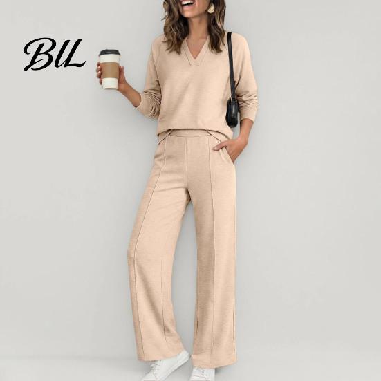 Damen Sportanzüge Sweatshirt Hose 2-teiliges Set, V-Ausschnitt Langarm Oberteil & Weiter Passender Lounge Set Hosen mit Elastischem Bund, Einfarbig
