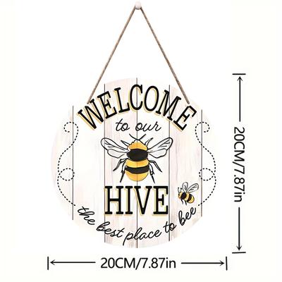1Pc Bee Welcome To Our Hive Wood Hanging Sign For Home Garden Decor,Rustic Round Wooden Wall Hanging Plaque Sign For Outdoor Dec