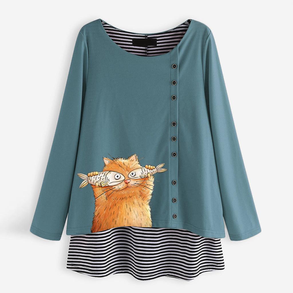 Women Casual Cartoon Cat Stripe Fake Two Pieces O Neck Long Sleeve Top Blouse Buy At A Low Prices On Joom E Commerce Platform