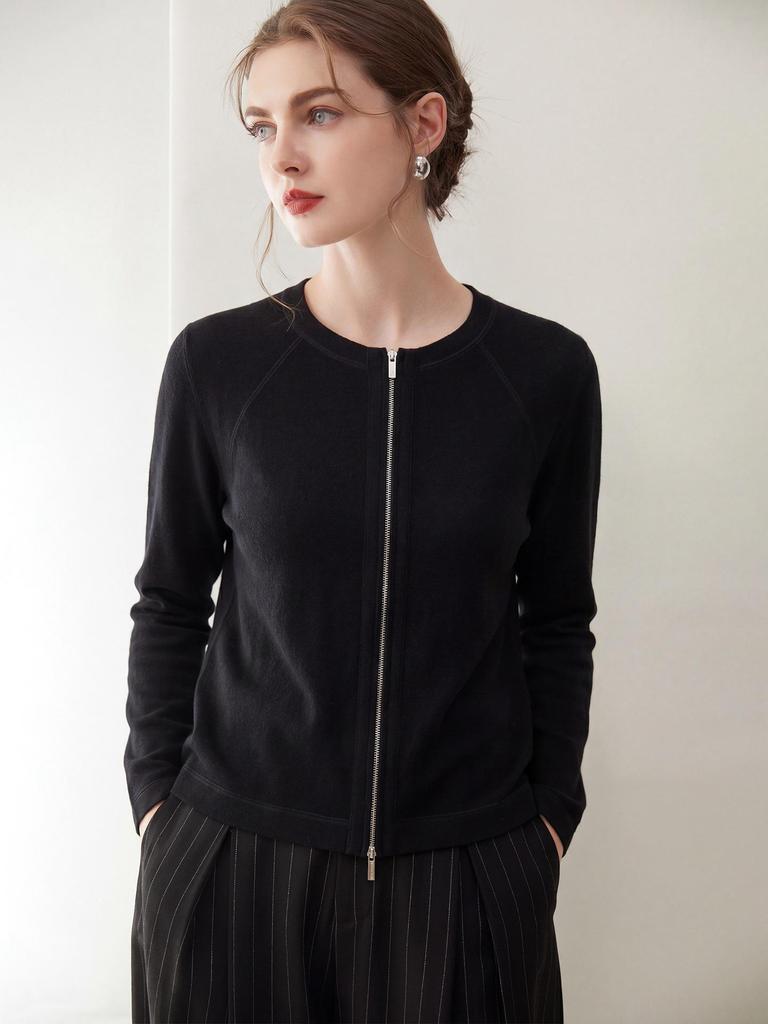 Yangzi Yarn Pure Wool Slim Fit Zipper Round Neck Women's Cardigan - Summer Thin Style