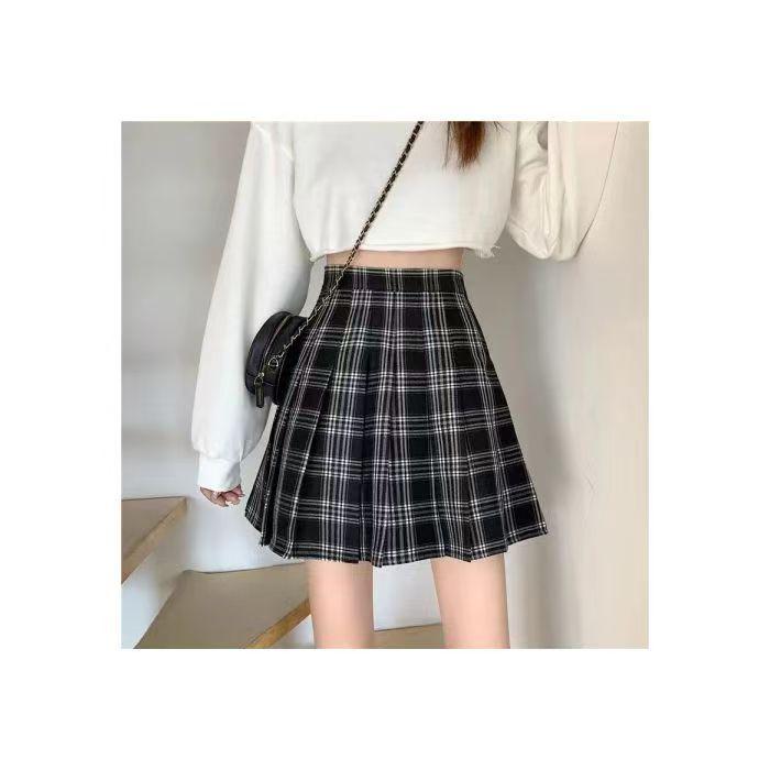 JK Plaid Pleated A-Line Skirt - High Waist, Slim Fit, Anti-Exposure, Spring & Autumn Korean Style