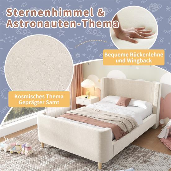 Upholstered Bed. Children Bed, Single Bed with Universe Pattern, 90 x 200cm, for Boys & Girls, Beige, Velvet (without