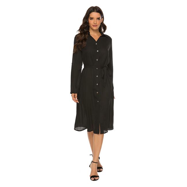 Fashion Women Belt Flared Sleeve Casual Dress Solid Color Shirt Collar V-neck Waist Tie Shirt Dress