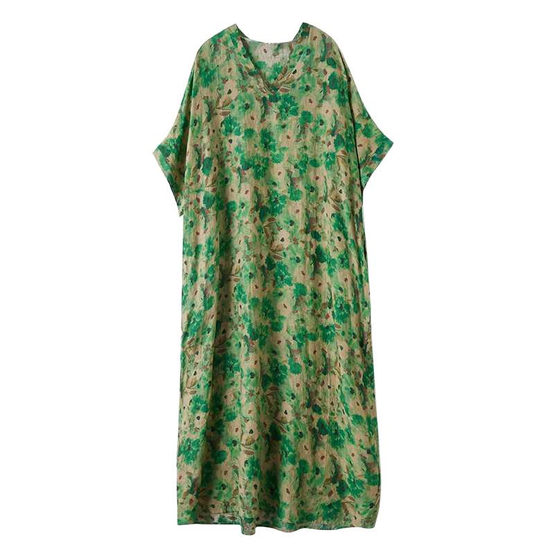 Summer Color V-neck Retro Long Skirt Cotton Linen Dress