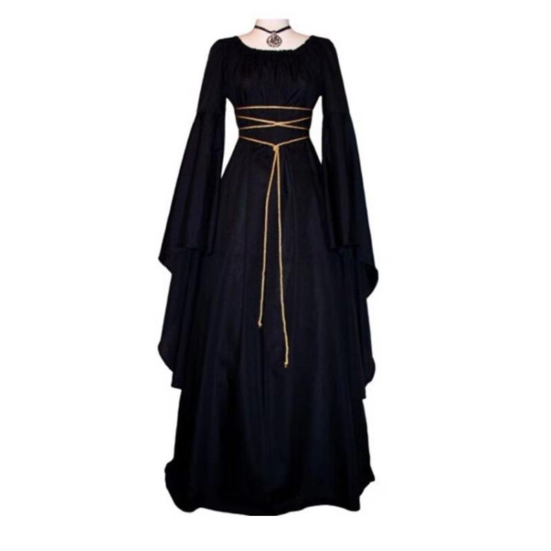 Dámský halloweenský kostým s dlouhým rukávem, kulatým výstřihem, šněrováním v pase, nepravidelné šaty, středověké retro elegantní večerní šaty