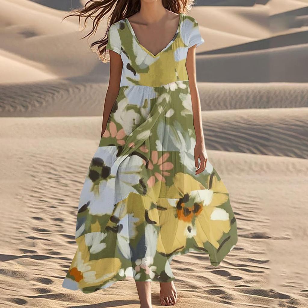 Women's Summer Fashion V-Neck Beach Long Short Sleeve Floral Printed Dresses