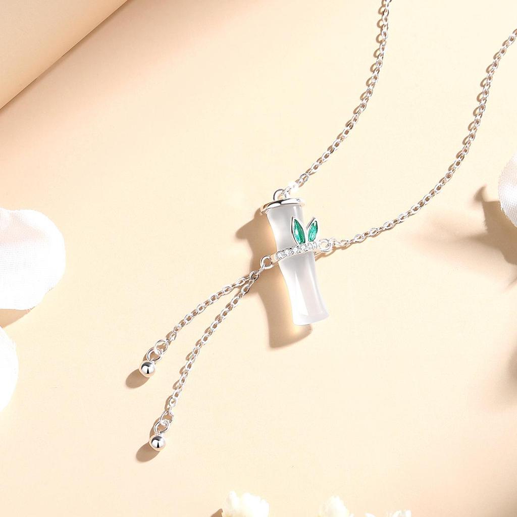 Ferris Wheel S925 Sterling Silver Chalcedony Evergreen Bamboo Necklace - Women's Versatile High-End New Chinese Style Jewelry