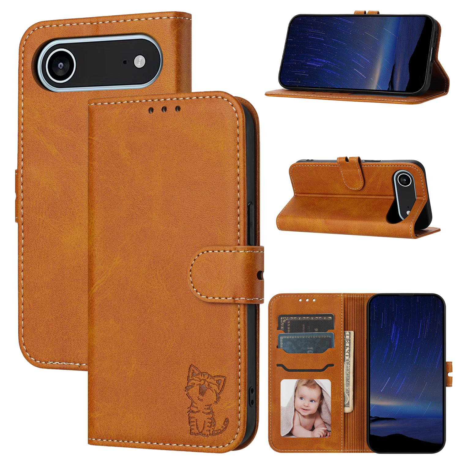 

For iPhone 17 Air Case Happy Cat Pattern Imprinted Leather Wallet Phone Cover Yellow