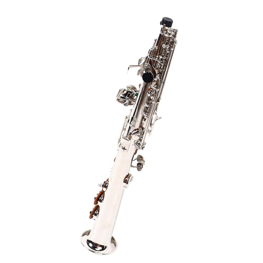 Soprano Bb Saxophone Straight Sax Set with Brass Pipe Body White Keys Woodwind Instrument Silver
