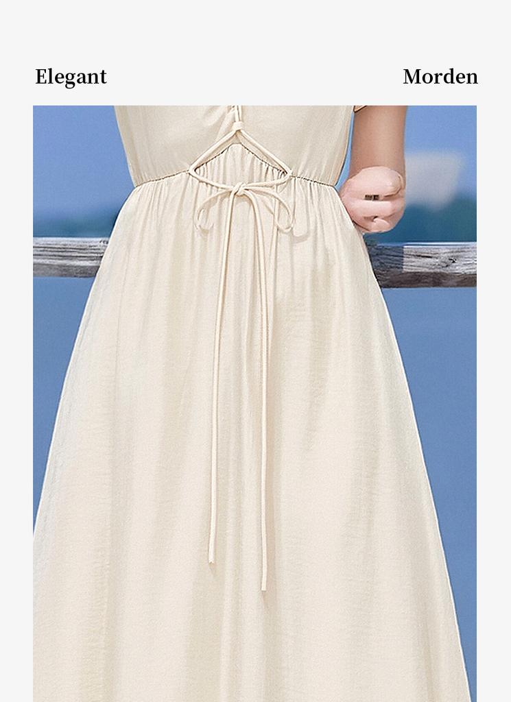 Lyocell V-neck Waist Cinched Dress for Women In Summer, with Bubble Sleeves and Pleats To Reduce Age and Make You Look Slimmer, a Vacation Dress