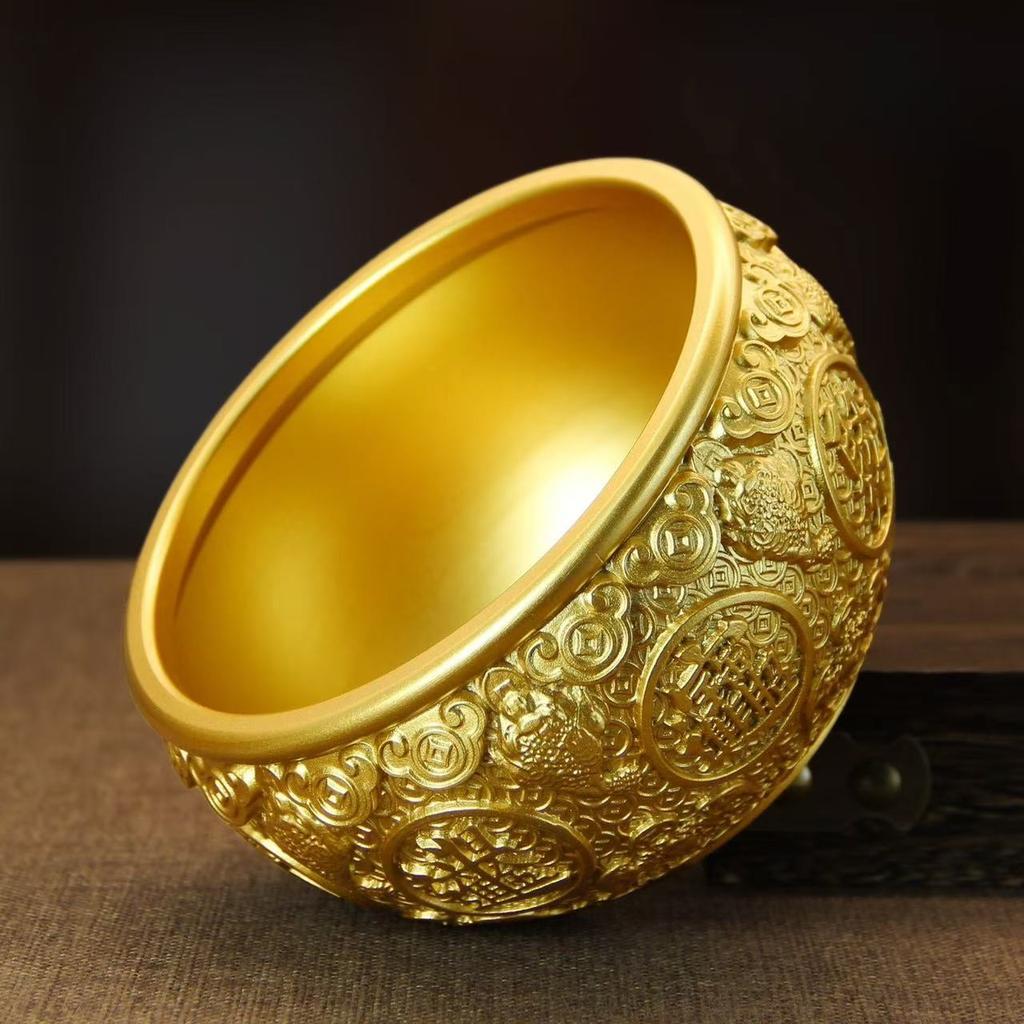 Brass Bowl,Engraved Golden Toad Treasure Basin,Copper Jar With Lid for Attracting Wealth Good Fortune, Home Desktop Decoration