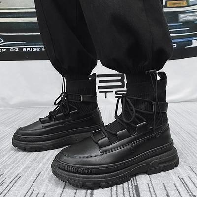 Botines calcetín nuevos de otoño invierno para hombre, botines al tobillo con plataforma, zapatos negros para hombre, botines gruesos punk de piel para motocicleta, zapatos góticos
