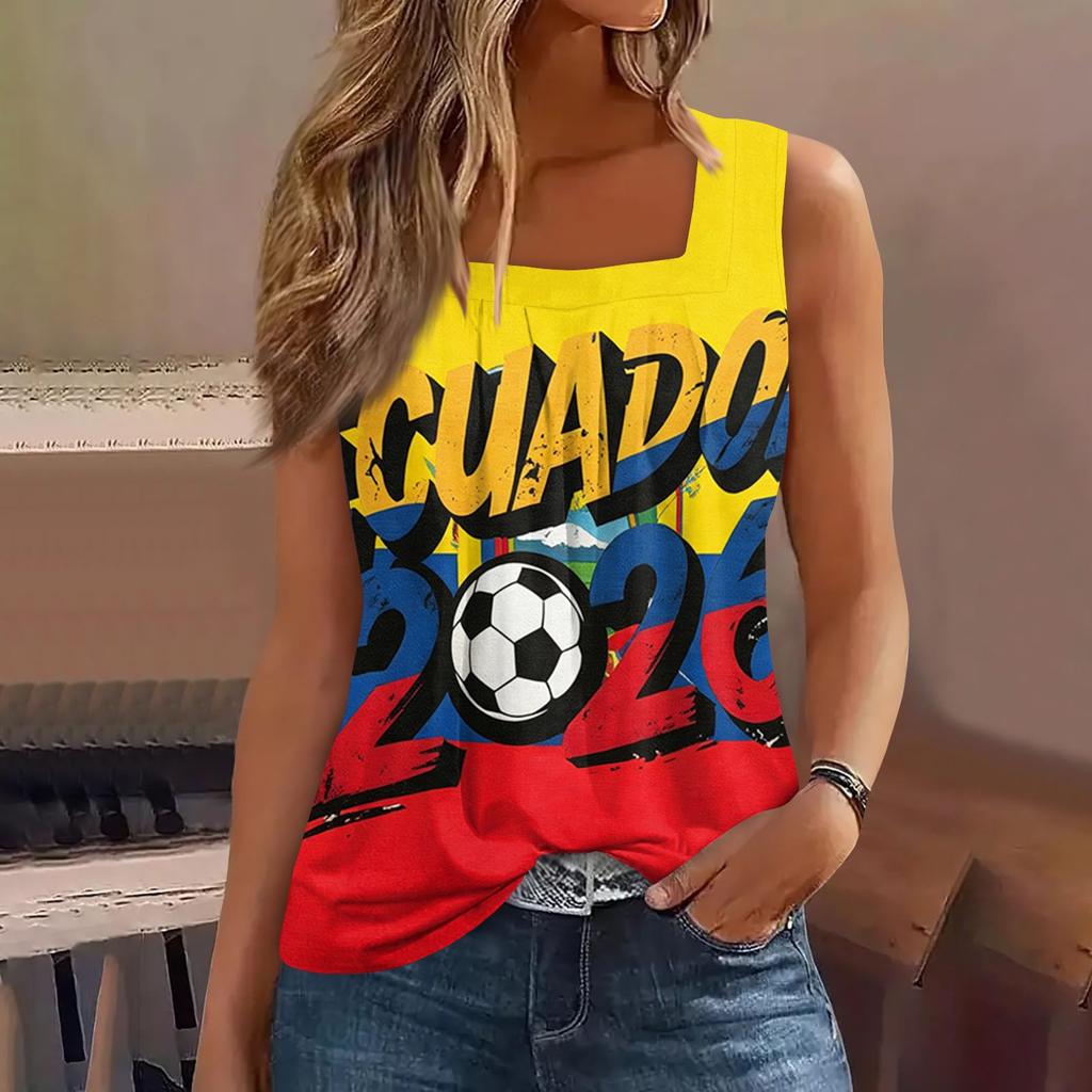 Dames Mouwloos Vierkante Hals Casual Tanktop Duitsland 2026 Voetbalprint Zomer Mode Ontspannen Pasvorm Lichtgewicht Shirt