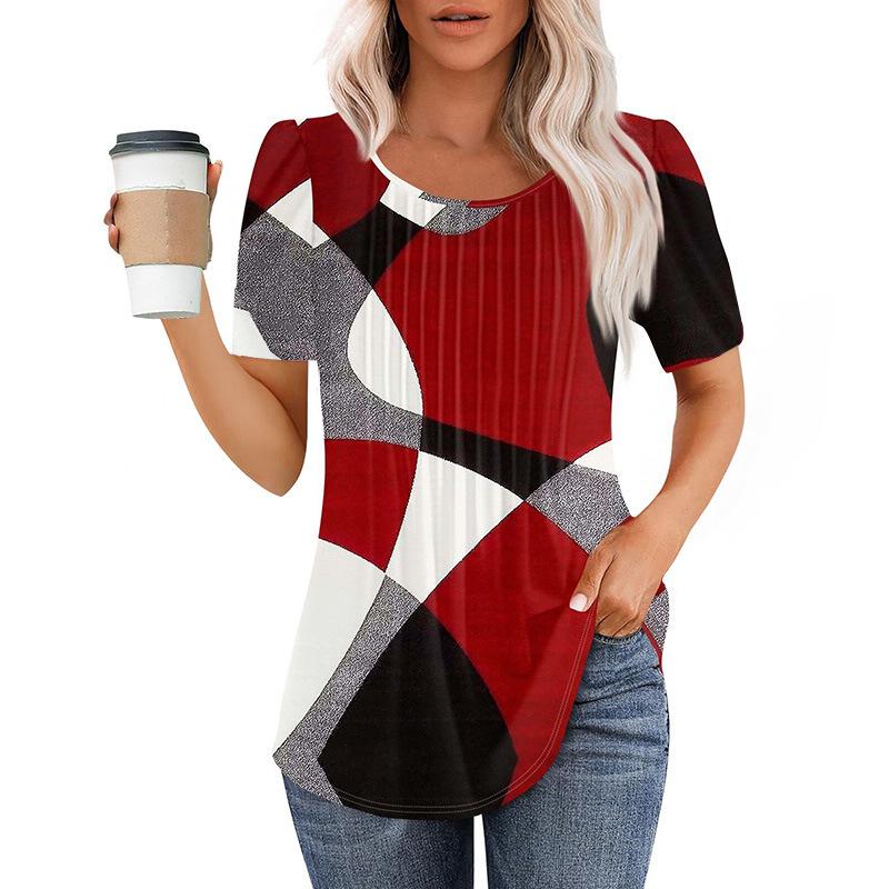 European And American Women's Tops New Style Pleated Round Neck Short-sleeved T-shirt Women's Shirt