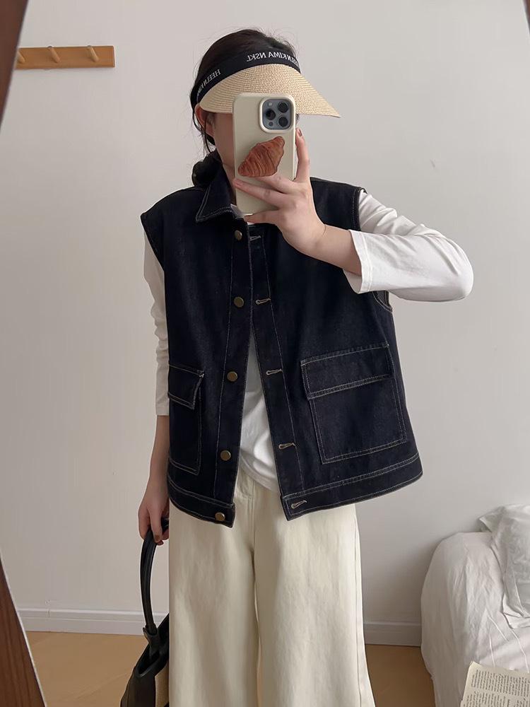 

Женский модный ретро джинсовый жилет с эффектом стирки: Весна/Осень 2025 Свободный Приталенный Топ Без Рукавов One Size