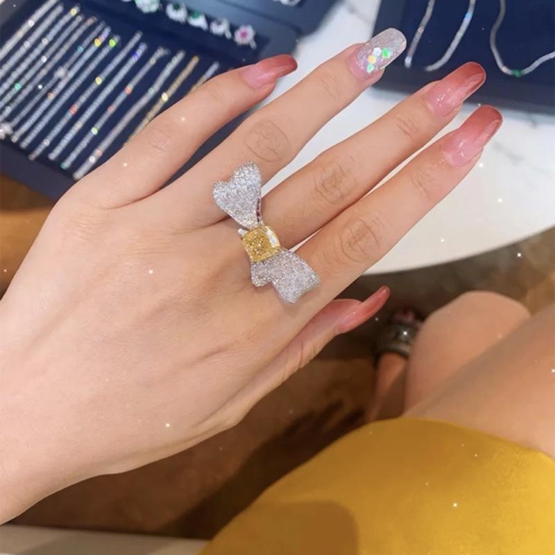 High-End Yellow Diamond Bow Ring for Women - Light Luxury, Non-Fading, Elegant Open Design, Colored Gem Jewelry. Adjustable Open Size