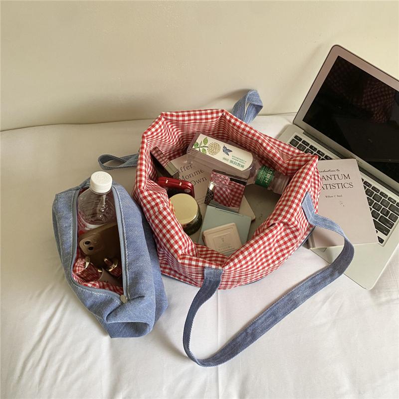 Women's Double-Sided Denim Bag Plaid Shoulder Tote Bag