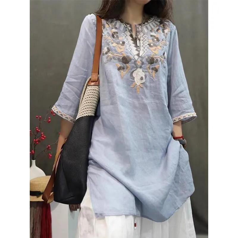 Women Summer Floral Embroidery Long Blouse Vintage Thin Split Shirts