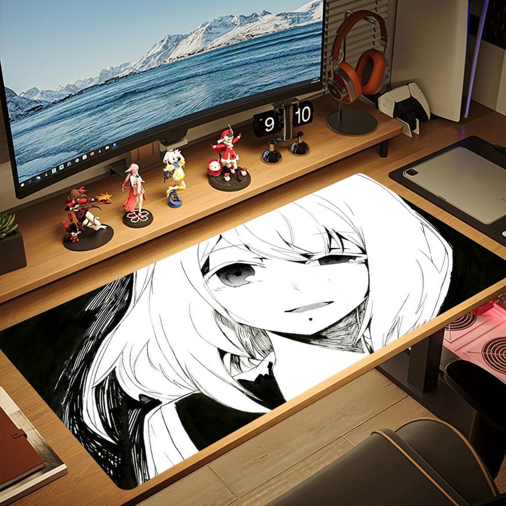 Large Gaming Mouse Pad B&W Manga Style Line Art Anime Girl XXL Deskmat Non‑Slip Rubber Mousepads Keyboard Mat Game Table Mats