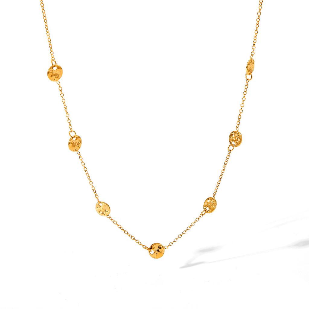 18K Gold Hammered Round Disc Stainless Steel Necklace for Women, Fashionable Minimalist Versatile Clavicle Chain