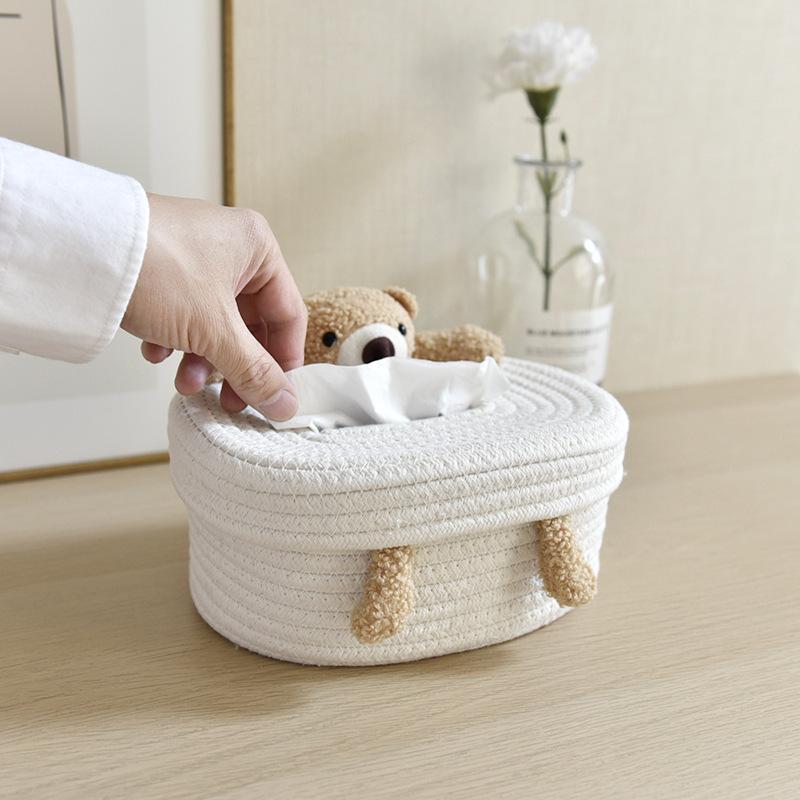 Cute Cartoon Cotton Rope Tissue Box Bear Bunny Woven Tissue Holder for Bathroom Bedroom Desk | Kawaii Home Decor Tissue Cover