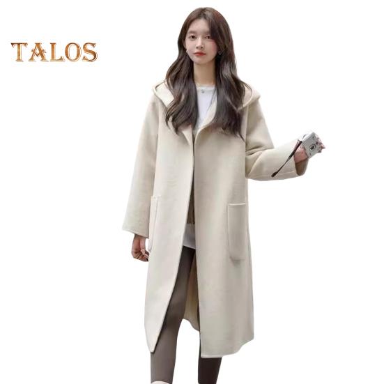 Women Winter Overcoat Hooded Pockets Pure Color Open Stitch Cardigan Mid Length Coat Thermal Long Sleeves Commuting Dating Winter Coat