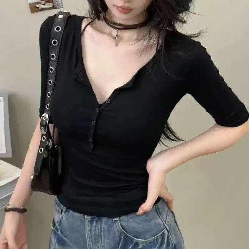 Front shoulder semi-open neck button short-sleeved T-shirt for women's early autumn slim-fitting and thin inner half-sleeved bottoming shirt top
