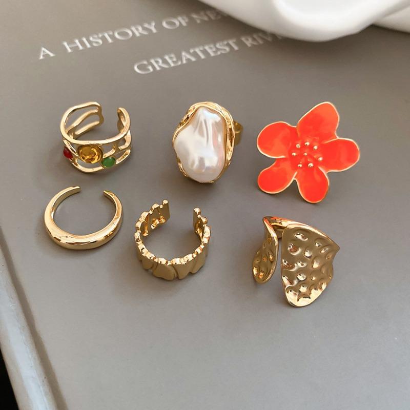 Folded flower pattern round opening ring six-piece set metal index finger ring niche design ring