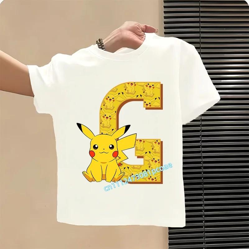 Short Sleeve Summer T-shirt Tops Cotton Tee for Pokemon Pikachu Anime A-Z Letters Printed Cute Clothing Children Casual Clothes