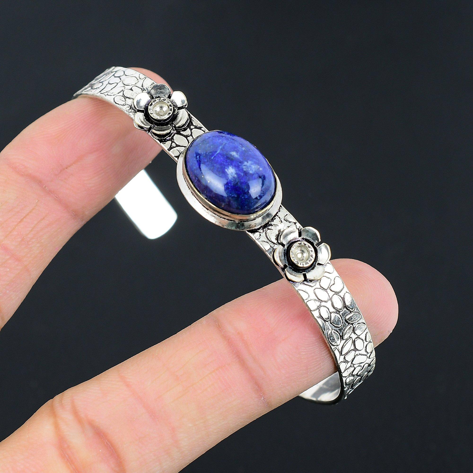 

Natural Sodalite Gemstone Bangle Flower Adjustable 925 Sterling Silver Jewelry Adjustable