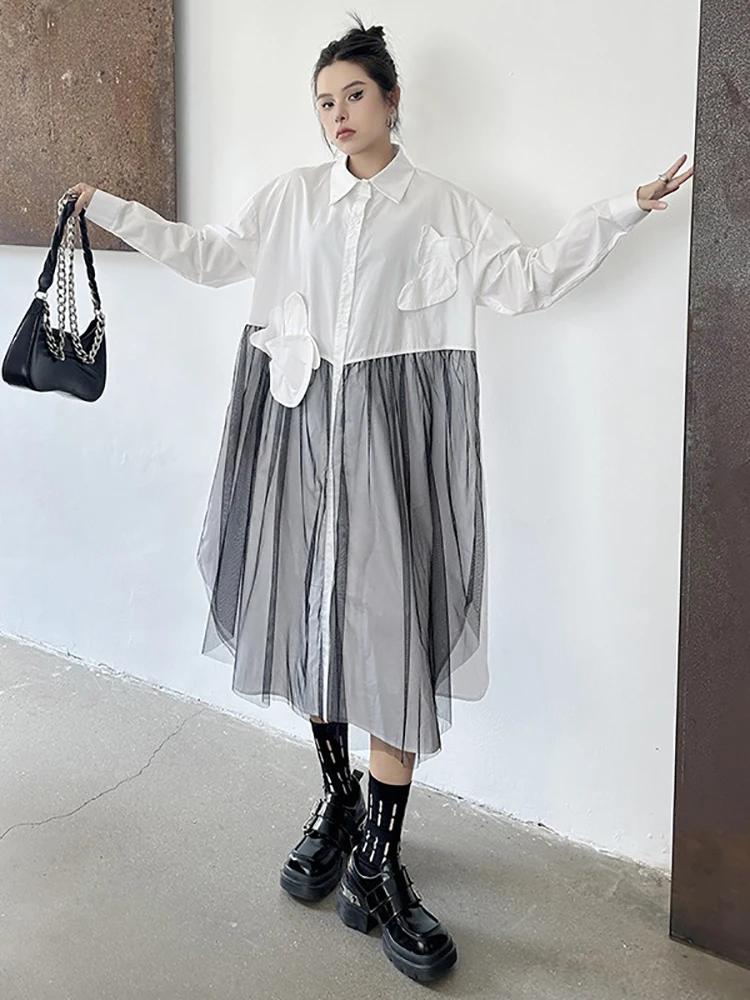 Xitao Patchwork Mesh Flower Fold Single Breasted Dress GMM1160