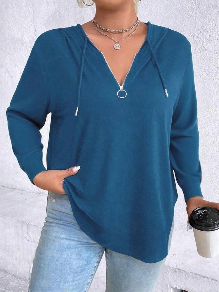 Damen Übergroß Herbst/Winter Einfarbiges Kapuzensweatshirt mit Reißverschluss