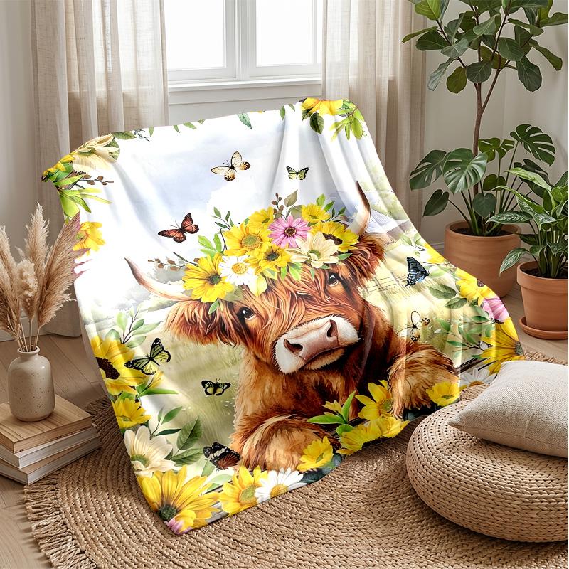 

Cow in Colorful Flower Field blanket Personalized Name Flannel Blanket Soft Cozy Plush Throw for Sofa Bed Lightweight Home Decor 75x90cm