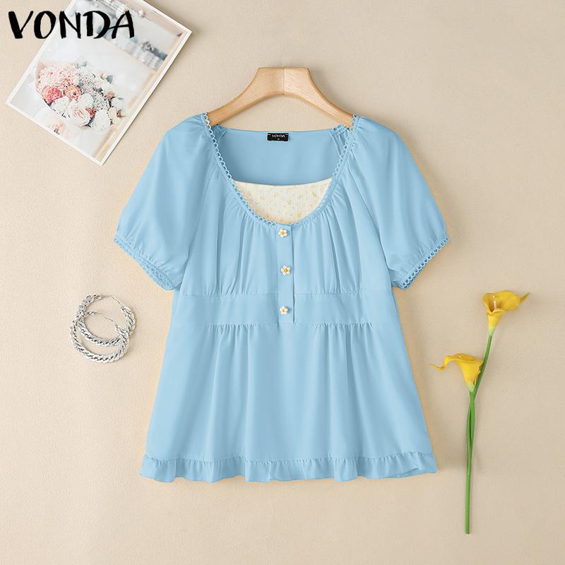 VONDA Damen Sommer Puffärmel Häkelrand Patchwork Rüschen Lässige Bluse
