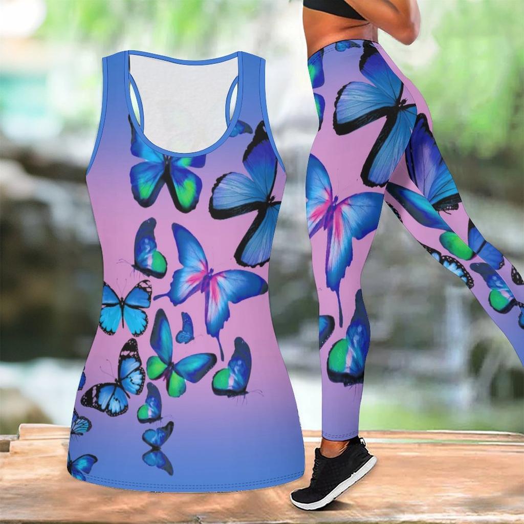 Butterfly Print Yoga Outfit for Women Fashion Workout Leggings Fitness Sports Casual Yoga Set Sports Suit