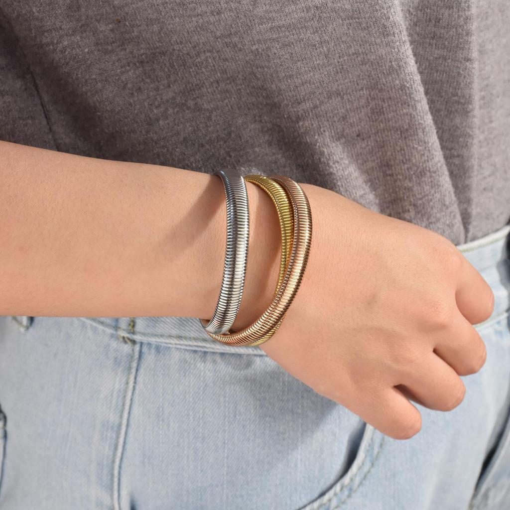 Triple Strand Omega Snake Cobra Wide Bangle Twist Bracelet Band Set Interlocking Flexible Stretch Bracelet for Yellow Gold Plated Stainless Fits Inch