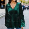 Women Tops V-Neck Lantern Long Sleeve Solid Color Pullover Tops Ruffle Stitching Hem Loose Fit Velvet Shirt