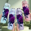1PC Dark Purple Rose Pattern 750ml Color Plastic Sports Water Bottle Leakproof Flip Straw Lid Suitable for Sports Office Home Use