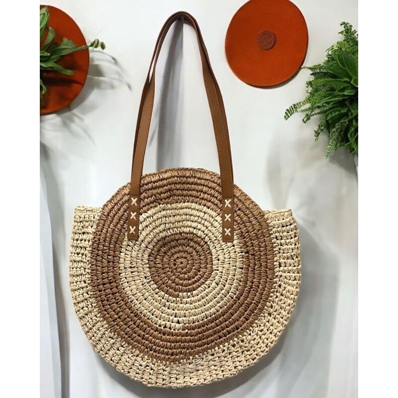 Single Shoulder Round Straw Bag Straw Bag New Hand-woven Bag Women's Large-capacity Casual Women's Bag Vacation Beach Bag