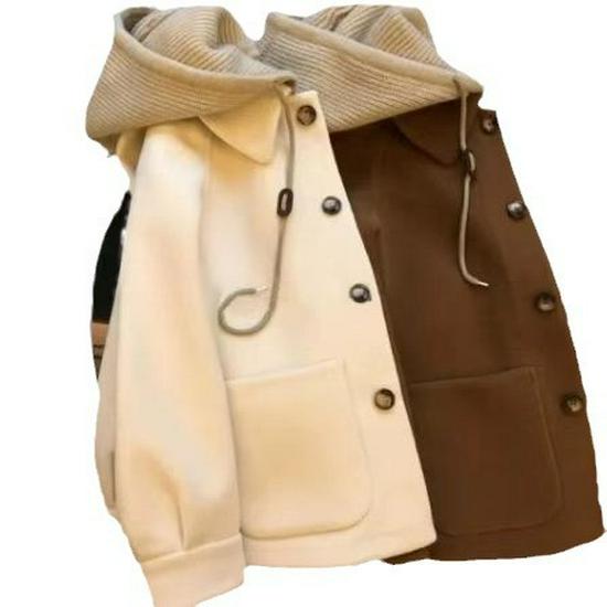 Petite Korean Style Patchwork Color Block Woolen Hooded Coat for Women - Autumn/Winter Short Design