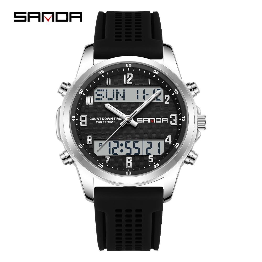 SANDA 9119 Dual Display Steel Belt Watch Men's Double Movement Multi functional Timing Night Light Alarm Clock 5ATM Waterproof-2
