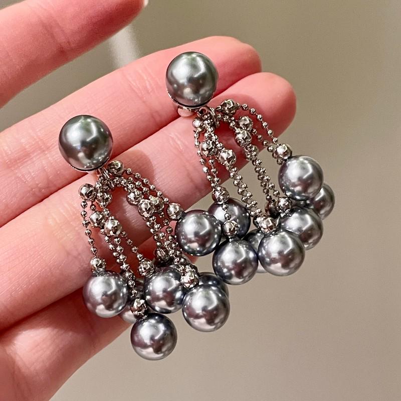 S925 Sterling Silver Needle Grey Pearl Tassel Earrings - Elegant Niche Design for Women
