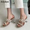 Fashion Eilyken New Transparent PVC String Bead Shoes Woman Fashion Open Toe Slippers Crystal Perspex Heels Slides Beach Femme Sandale