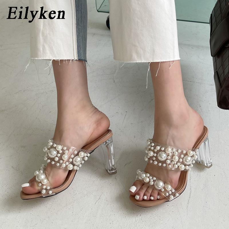 Fashion Eilyken New Transparent PVC String Bead Shoes Woman Fashion Open Toe Slippers Crystal Perspex Heels Slides Beach Femme Sandale